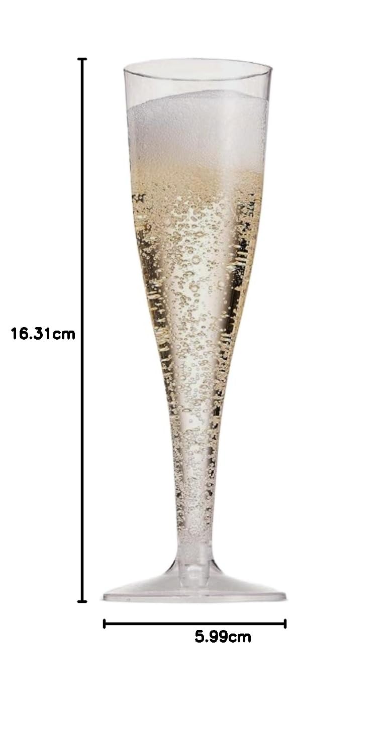 TemBe 100 copas de champán de plástico desechables, vasos de tostado de 5 onzas para decoración, bodas, cumpleaños, fiestas de despedida de soltera, calidad premium y reutilizables (transparente)