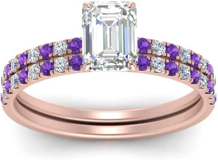 Choose Your Gemstone Hidden Halo Half Way Wedding Ring Set Rose Gold Plated Emerald Shape Wedding Ring Sets Everyday Jewelry Wedding Jewelry Handmade Gifts for Wife US Size 4 to 12