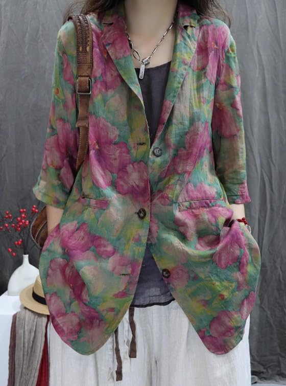 Boho Cotton Linen Blazer for Women Floral Print 3/4 Sleeve Notch Lapel Collar Lightweight Jacket with Pockets4