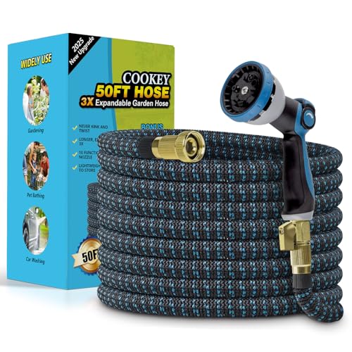 COOKEY Expandable Garden Hose 50FT Heavy Duty - Lightweight No-Kink Flexible Water Hose with 10-Function Nozzle, Leak-Proof 3/4" Solid Fittings & 4-Layer Latex Tubing(50ft for Gardening/Washing)