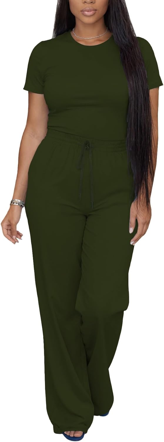 Ulovmi Women's Casual 2 Piece Outfits Short Sleeve Top and Wide Leg Pants with Pocket Loose Fit Lounge Sets Tracksuit - Image 4