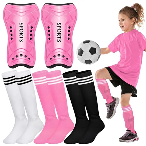 Liliful 4 Pcs Soccer Shin Guards Set for Girl Kids Youth Include 1 Shin Guards & 3 Sport Socks Protective Lightweight Gear Leg Pads Gear for 3-15 Girls Boy Children Teens(Pink,S)
