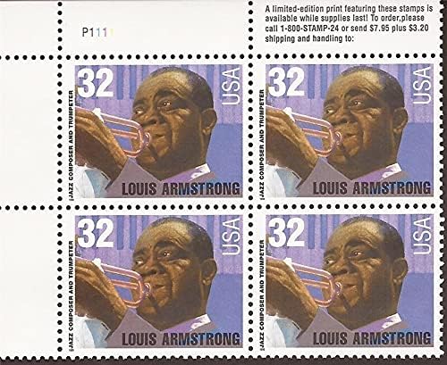 LOUIS B. ARMSTRONG ~ JAZZ ~ BLACK HERITAGE #2982 Plate Block of 4 x 32 cents US Postage Stamps