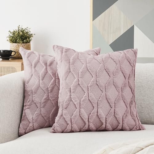 Volcanics Pack of 2 Faux Wool Throw Pillow Covers 20x20 Inches Decorative Farmhouse Velvet Couch Pillow Case Soft Plush Square Boho Cushion Pillowcase, Pink
