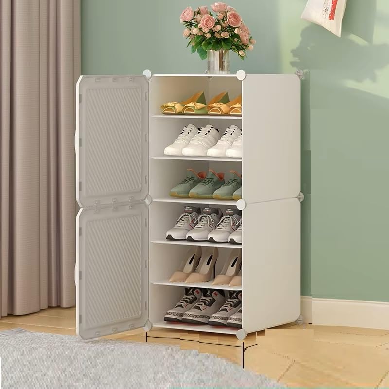 Image of YASONIC Plastic Shoe Rack for Home with Door, 2-Door Shoe Storage Cabinet | 6-Shelfs for 12 Pairs | Waterproof & Portable DIY Shoe Slipper & Chappal Stand for Entryway /Bedroom (White-HV1-6)