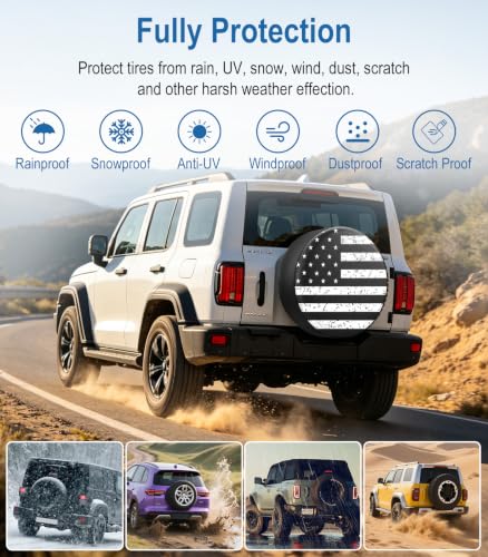 Image of RV Spare Tire Cover Black White Vintage American Flag 15in Universal Fit