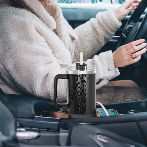 FECBK Thermobecher mit Strohhalm, Henkel und 2 Deckeln 1,2L, Nacht Panther – Ansicht 6