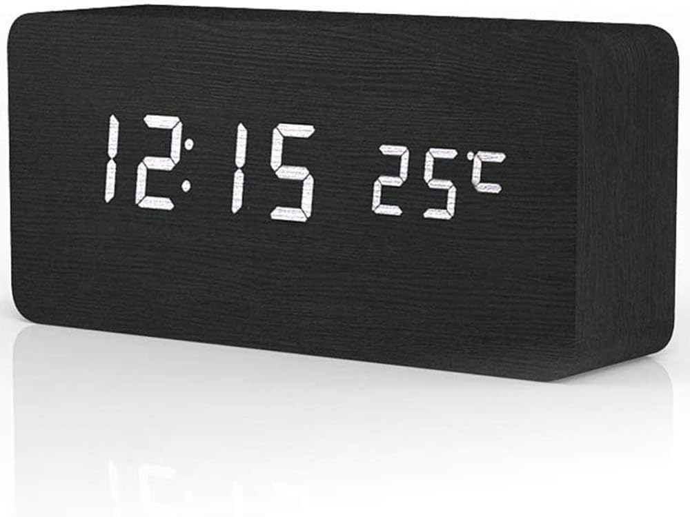 Rubik Wooden Digital Alarm Clock, Wood LED Adjustable Brightness Voice Control Desk Wooden Alarm Clock with Date/Temperature and USB/Battery Powered for Home, Office, Kids, Black and White