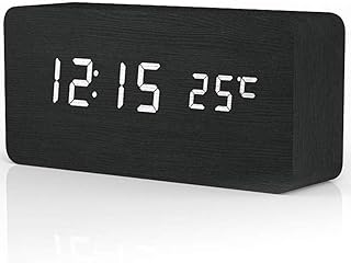 Rubik Wooden Digital Alarm Clock, Wood LED Adjustable Brightness Voice Control Desk Wooden Alarm Clock with Date/Temperature and USB/Battery Powered for Home, Office, Kids, Black and White