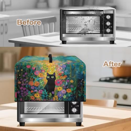 Image of Microwave Oven Cover Air Fryer Toaster Oven Dust Cover with Handle, Stain-Resistant Small Electric Appliance Protector for Kitchen Decor, S, Black Cat Daisy Floral Green