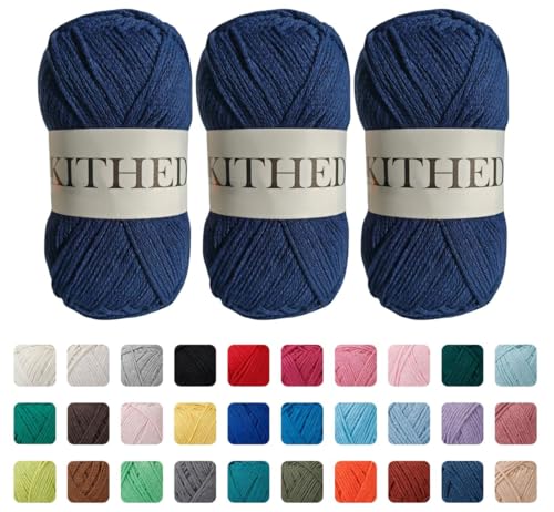 Image of Cotton Yarn，10.58oz /300g，546yard /500m，3 Pack ，Soft Yarn for Crocheting and Knitting (30 Navy Blue)