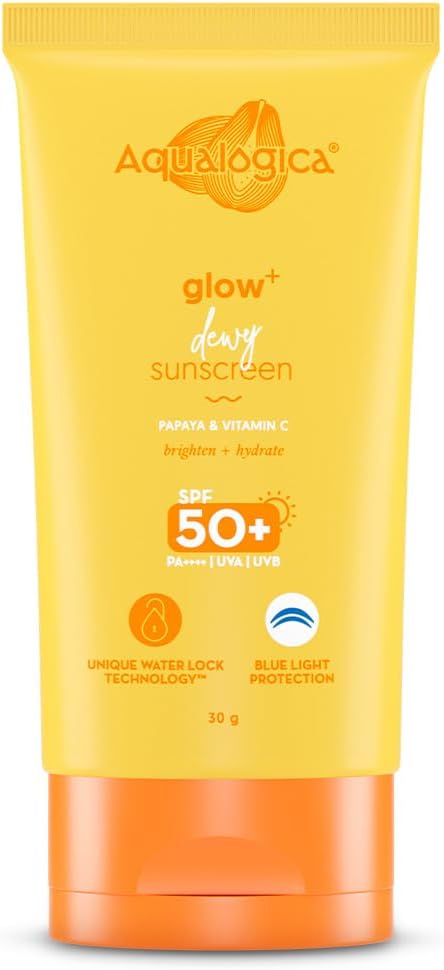 Aqualogica Glow+ Dewy Sunscreen Gel SPF 50 PA++++ with Papaya & Vitamin C | For Dry, Sensitive, Oily & Combination Skin | UVA/B & Blue Light Protection | Travel Friendly | For Men & Women | 30g
