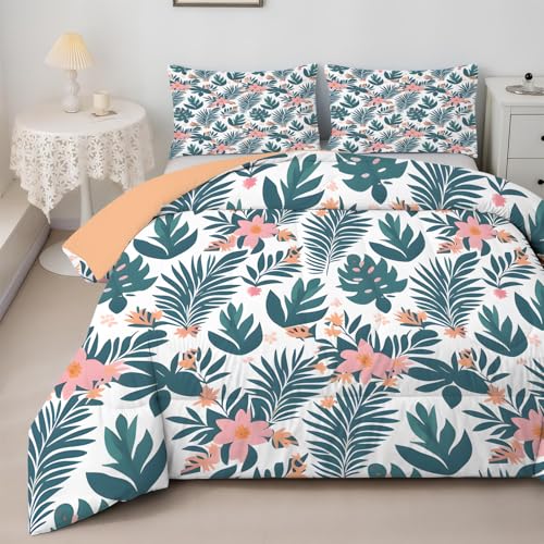 SYHIEGO Edredón doble, reversible, hojas verdes tropicales, edredón sin funda, edredón floral rosa para todas las estaciones, edredón botánico con 2 fundas de almohada, edredón de microfibra lavable,