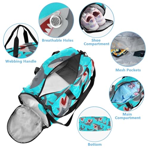 Sharks Ocean Blue Kids Travel Duffel Bag for Boys Girls Overnight Weekend Tote Bag with Shoes Compartment for Sleepover Trip Beach4