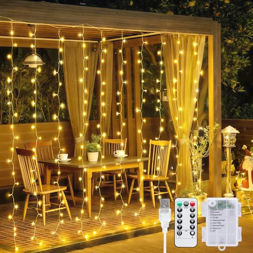 JMEXSUSS 200 LED Curtain Lights Battery Operated & USB Plug in Warm White