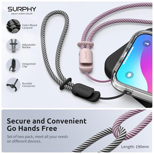 Image of SURPHY 2 Pack Phone Lanyard, Phone Wrist Strap for Case, Camera Wrist Strap | Ultra-Light 2-Color Braided Phone Strap, Cellphone Charm Strap, Anti-Lost Wrist Lanyard for Women and Men, Pink Black