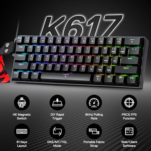 Image of Redragon K617 HE Rapid Trigger Gaming Keyboard, 60% 61 Keys Wired Mechanical Keyboard w /Hyper-Fast Actuation, Dedicated Hall Effect Magnetic Switch, Actuation Point Adjustable, Strap Version