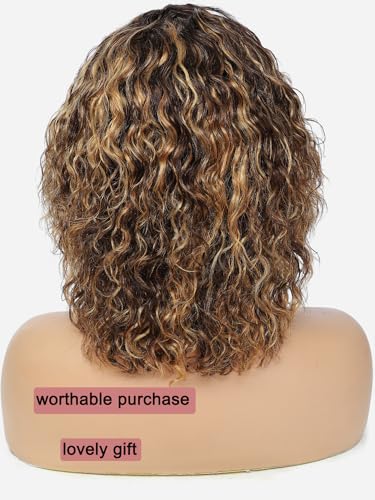 short water wave human hair wig with bangs 200% density highlight brown and blonde P4/27 wet and wavy wigs 100 percent human hair no lace wigs for women 12 inch - Image 6
