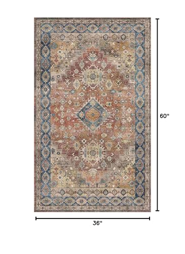 GENIMO 3x5 Area Rugs for Living Room, Machine Washable Non Slip Vintage Rugs, Low Pile Lightweight Chenille Print Rug for Bedroom, Dining Room, Home Office, Antique Red