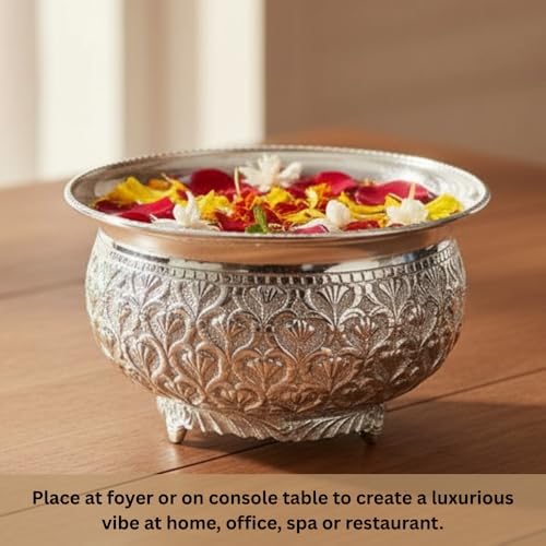 Image of Decorative Brass Chitai 7 inches German Silver Urli Center Table Flower Bowl | Urali for Mandap, Haldi, Mehendi, Wedding, Reception Decor | Small Size | 1000ml