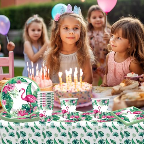 SZJFYMQ Flamingo Partygeschirr Set, Hawaii Geburtstag Deko,Pappteller Kindergeburtstag mit Flamingo, Sommer Gartenfeste Party Tischdeko, für Karneval Geburtstag Party Decoration,61PCS