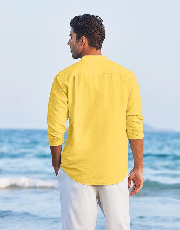 Image of Macsivo Men's Cotton Blend Henley Short Kurta with Mandarin Collar Long Sleeeve Button Closure Curved Hem Regular Fit | Kurta for Men Stylish