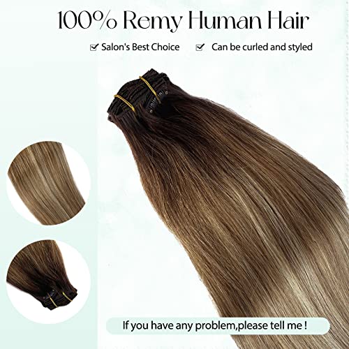 Image of Clip in Hair Extensions Human Hair 70g 7pcs Balayage Walnut Brown to Ash Brown and Medium Blonde Remy Human Hair Extensions 12 Inch Straight Seamless Clip ins Hair Extensions Real Human Hair
