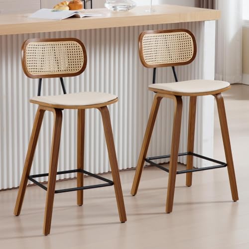 DUOMAY Butacos modernos para bar, juego de 2 unidades, altura de mostrador (26 pulgadas), respaldo de ratán, asiento tapizado en poliuretano, patas de madera sólida, para bar en casa o cafetería, color beige miniatura 6