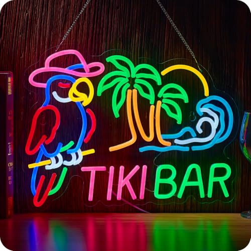 Image of Tiki Bar Parrot Neon Sign Hawaii Bar Palm Tree Beach Wave LED Light