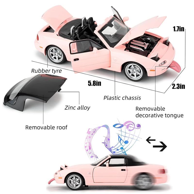 Image of 1:32 Mazda Miata MX-5 Alloy Model Car, Toy Car with Pullback, Removable Top, Blinking Lights, Toy Car with Sound and Bright Lights, Collectible Grade Gift for Kids (1:32 Mazda Miata MX-5 (Pink Color))