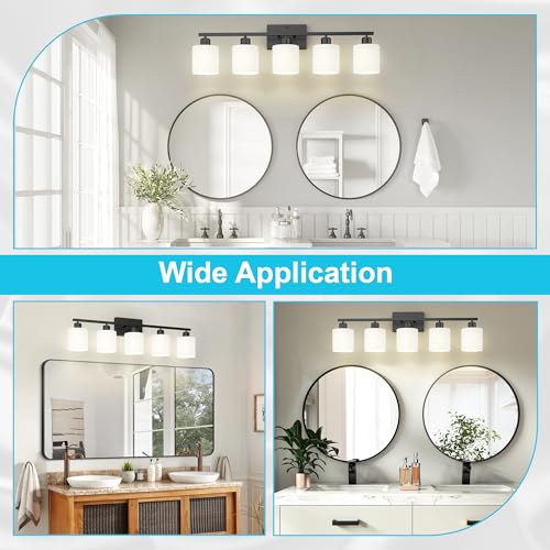 Image of Bathroom Black Lighting Fixtures Over Mirror, Anti-Rust 5-Light Bathroom Vanity Lights,Milky White Glass Shades