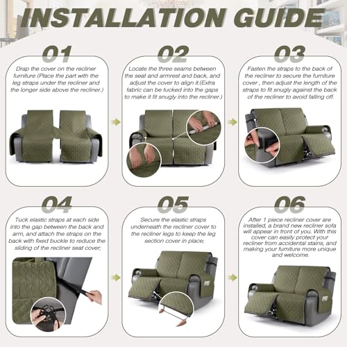 Image of TAOCOCO 100% Waterproof Recliner Covers, Recliner Sofa Covers with Leg Straps, Reversible Recliner Couch Cover for Reclining Chair, Washable Couch Protector for Pets Kids(2 Seater, Gray Green)