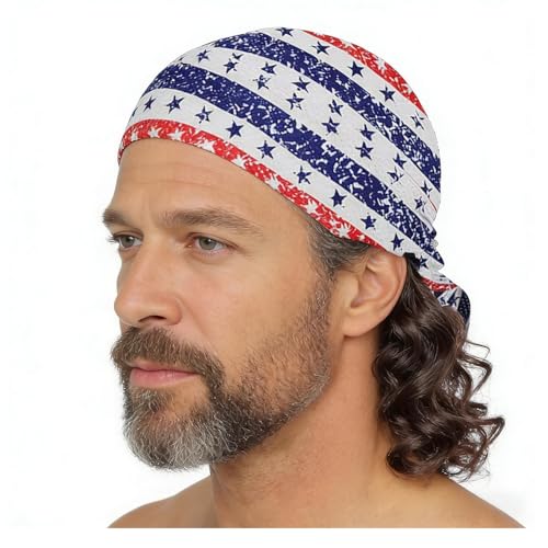Image of Men's Mullet Wig with USA Bandana - Long Curly Patriotic Mullet Wig for 4th of July, Hillbilly Costume, Redneck Party, Cosplay (Medium Brown)
