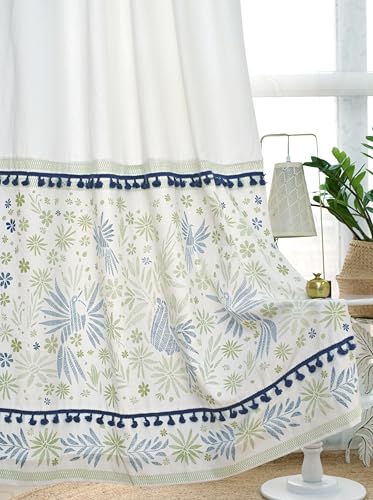 Image of Tranquebar Curtain Co. 100% Cotton, Tassel Laced, Bird & Floral Print, Room Darkening Light-filtering Curtains For Door (With Back Tabs)- 7 Feet, Nora: Blue & Green, 1 Piece (Length 213 Cm)