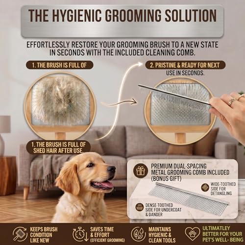Image of Wooden Long Pin Slicker Brush for Dogs, Doodles, Poodles, Long Hair | Grooming, Detangling, and Fluffing for Wavy and Curly Hair-Designed for Heavy, Thick Coats to Prevent Matting at Home