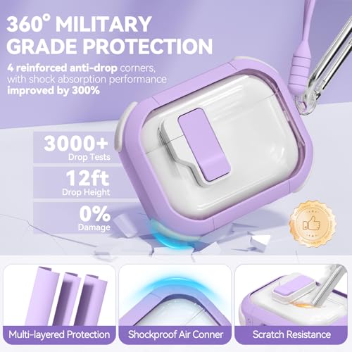 Image of Safety Lock for AirPods Pro 3 Case Clear, Ekoonpft Anti-Yellowing Case Cover for Apple AirPods Pro 3rd Gen 2025, with Cleaner, Keychain & Silicone Strap & Bear Charms for Women Girly, Purple