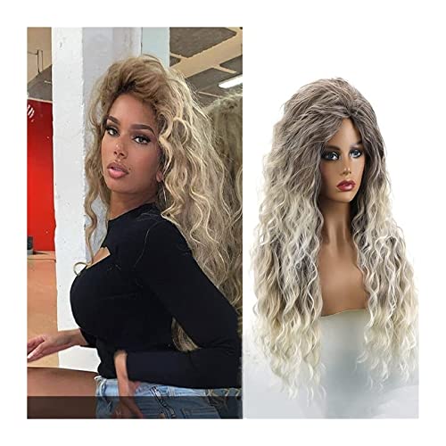 Perruque pour femmes Perruque frisée blonde cendrée longue ombrée avec racine foncée désordonnée, perruque douce et moelleuse à vague lâche naturelle chic en fibre synthétique résistante à la chaleur