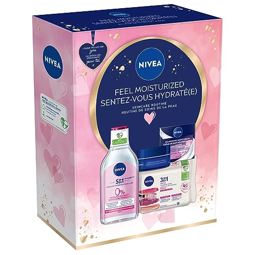 NIVEA Feel Moisturized Skincare Routine Gift Set | Face Skincare Set for Dry & Sensitive Skin | Contains: Biodegradable Cleansing Wipes (40pc), Micellar Water (400mL), Night Cream (50mL)
