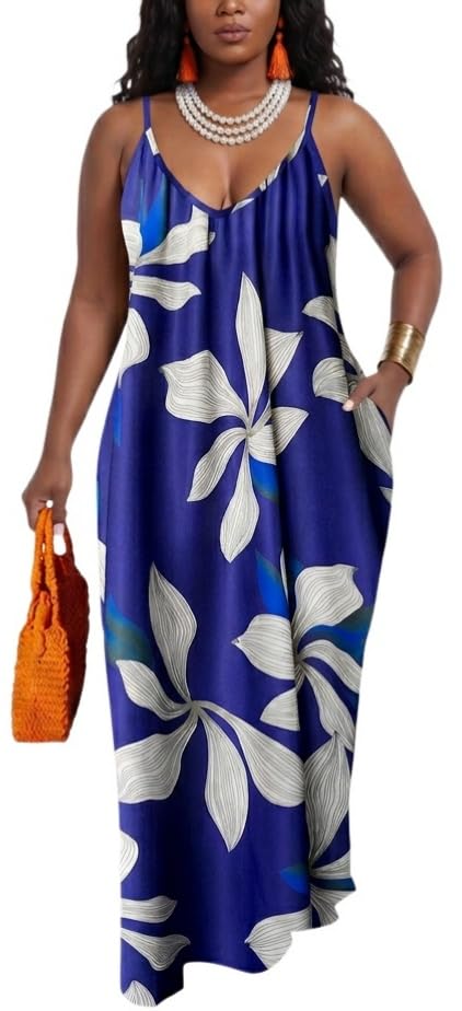 Image of Women's Casual Summer Maxi Dresses Sleeveless Adjustable Spaghetti Strap Loose Plus Size Dresses
