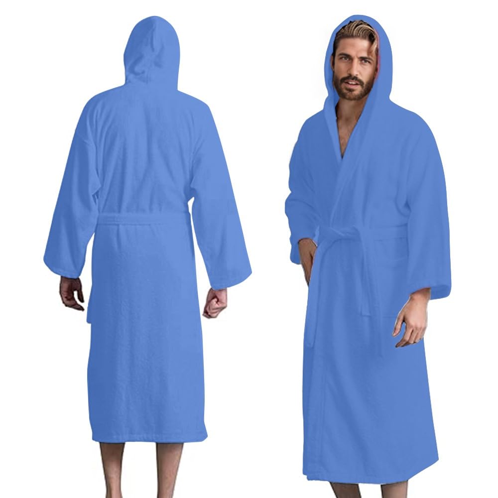 Men’s Hooded Bathrobe, 100% Cotton Terry Bathrobe, Spa Style Bath Robe, Absorbent Shower Robe, Lightweight Towel Bathrobes
