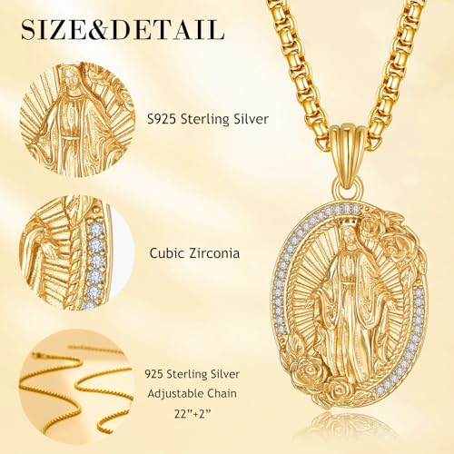 AENEAS Virgin Mary Necklace for Women Steling Silver Gold Plated Black Agate/Turquoise/Abalone Lady of Guadalupe Pendant Miraculous Medallion Jewelry for Women3