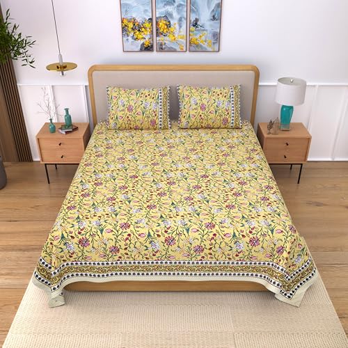 Image of India 100% Pure Cotton Jaipuri Printed Double Bedsheet with 2 Pillow Covers | Traditional Sanganeri Floral Design | Soft Breathable Fabric | King Size Bedsheet for Bedroom (Kaya44)