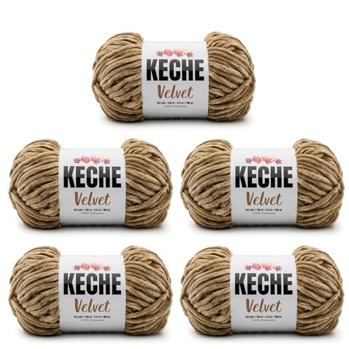 Image of Keche Velvet Yarn for Crocheting, Soft Chenille Bulky Baby Blanket Amigurumi Yarn 100 gr (132 yds) 5 Skeins - Light Taupe