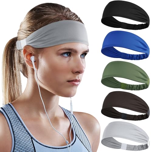 Image of Beister Sports Headbands for Men & Women (5 Pack), Moisture Wicking Sweatbands, Elastic Non Slip Sweat Bands, Athletic Workout Fashion Wide Hair Bands for Running, Cycling, Basketball, Yoga