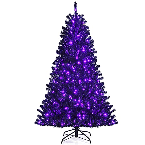 Goplus 6ft Pre-lit Black Christmas Tree, Hinged Artificial Halloween Tree w/ 250 Purple LED Lights & Metal Stand, Perfect Xmas Decoration for Holiday Festival Parties