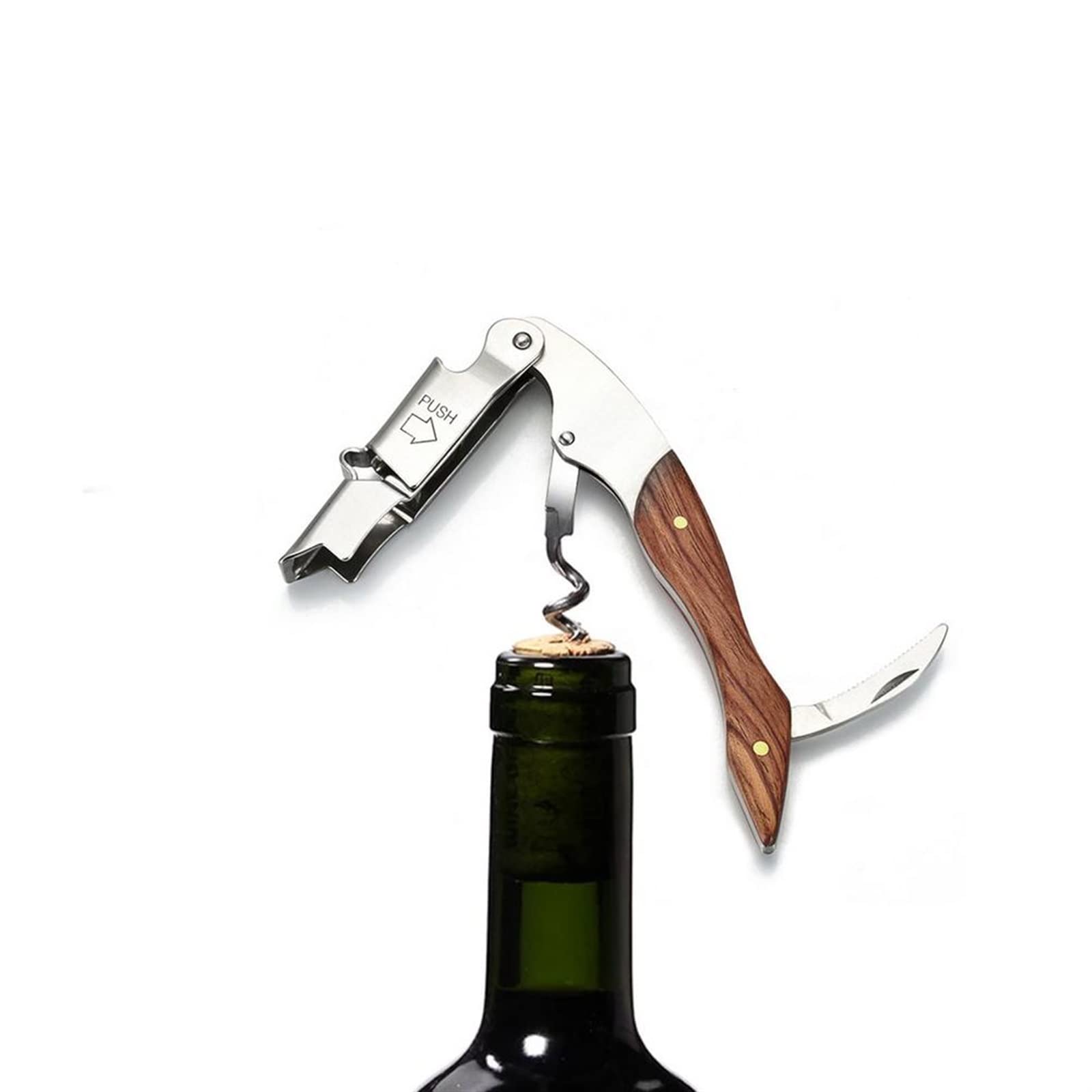 Dosenöffner, manueller Edelstahl-Korkenzieher, Schlüssel, Bierflaschenöffner, Folienschneider, Holzgrifföffner
