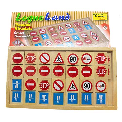 Giochi didattici Domino segnali stradali da 28pz, Gioco didattico per Imparare Le Regole stradali con 28 Tessere in Legno, Domino in Legno 28 pz con segnali stradali Misura Art.:28x15cm