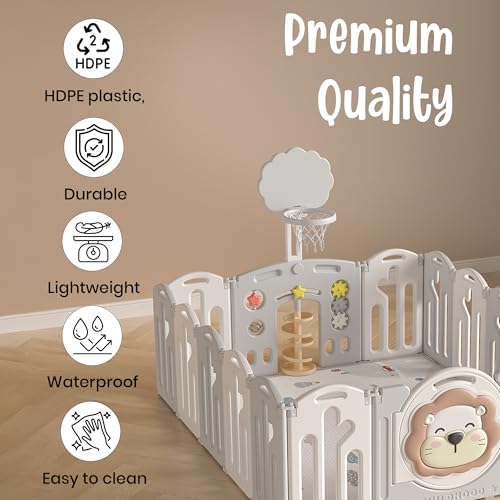 Image of 31 Sq Ft Extra Large Baby Playpen | 16-Panel Lion Theme with Soft Mat & Basketball Hoop | Indoor /Outdoor Toddler Activity Fence | Grey-White | ISO & CE Certified
