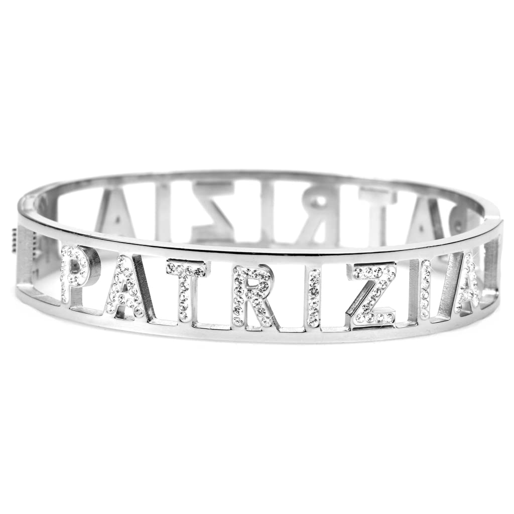 Flowers Bracciale Rigido Acciaio con Nome Vari e Zirconcini Sacchettino in Tessuto Scritta Nome ricoperta di Strass Brillantissimi Bracciale a Manetta Donna Chiusura a Molla Idea Regalo