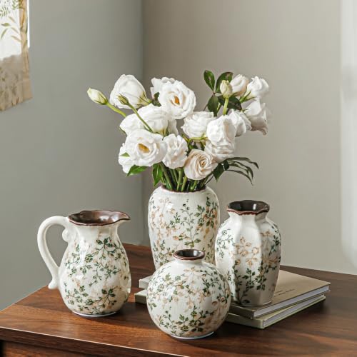 Image of Green Vintage Vase, Chinoiserie Floral Vase, Retro Ice Cracked Ceramic Large Vases for Home Decor, Living Room, Bookshelf, Office, Grand Millennial Decors (20-Green and Beige)